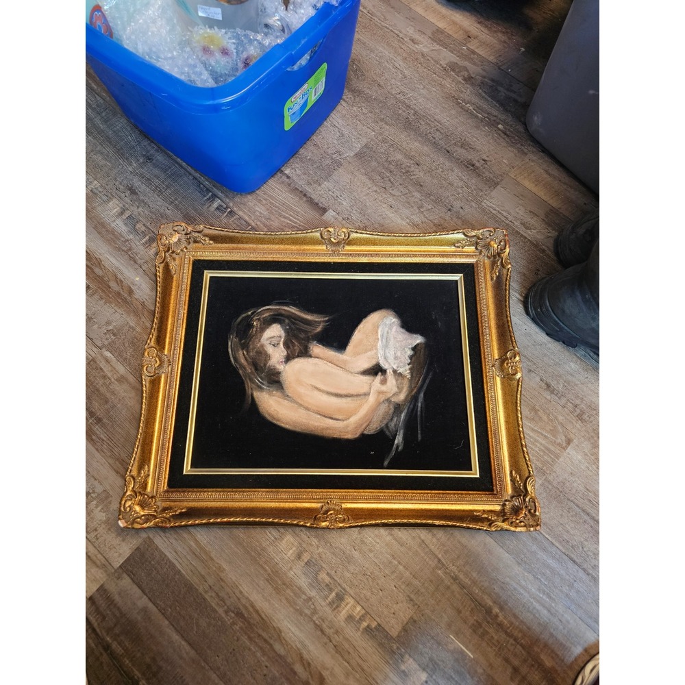 Vintage E. M. Price Nude Oil Painting on Black Velvet Ornate Gold Frame 24x20